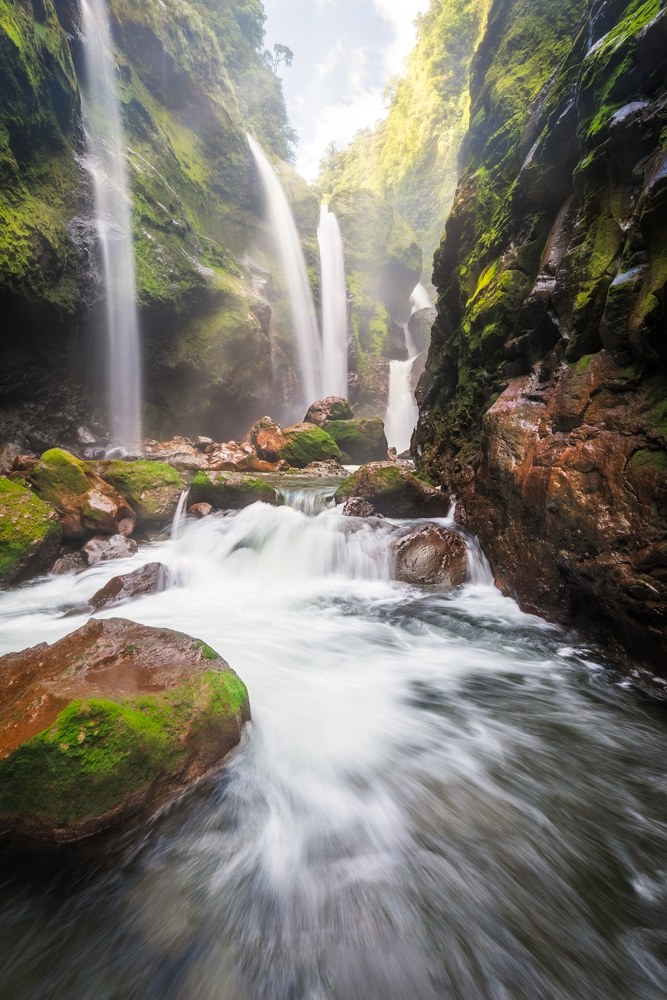 Several ribbon waterfalls fall into a narrow green gorge and converge in a stream running fast over moss-covered boulders.