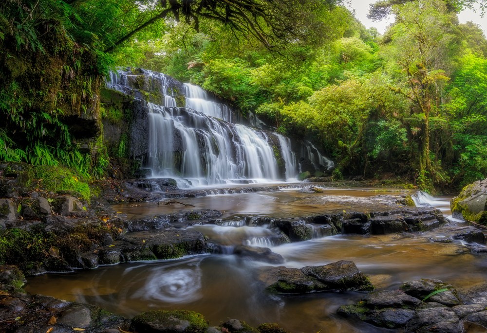A wide waterfall spills over a dark ledge into a shallow stream, foam turning in a slow swirl below dense green bush.