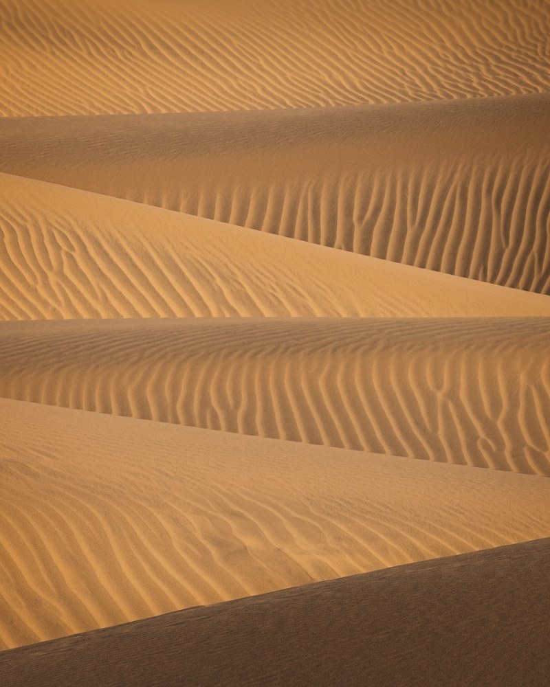 Rippled dune crests cross the frame in bands, each throwing a clean triangular shadow onto the next.