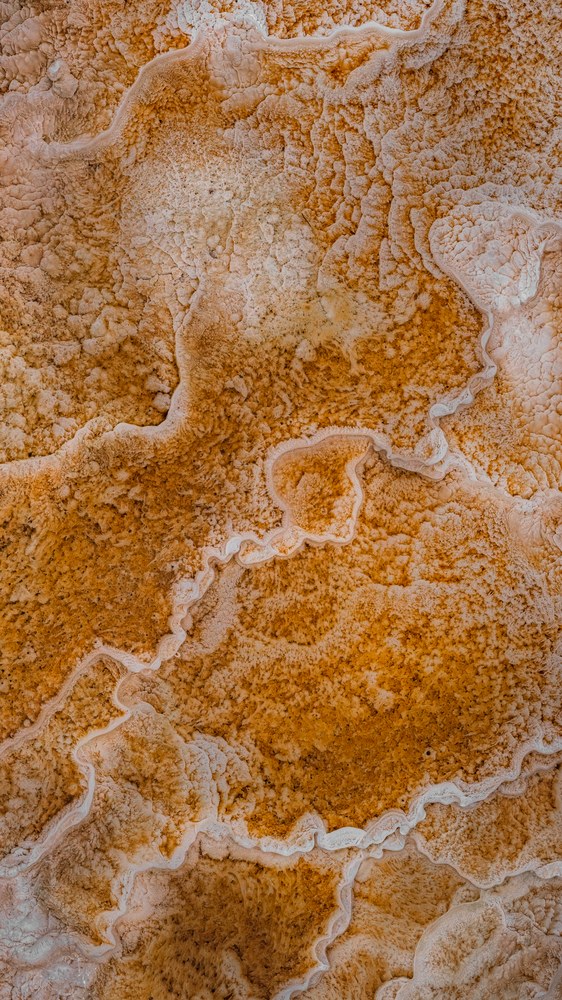 A close abstract of hot spring crust, orange pools rimmed by scalloped white mineral edges.