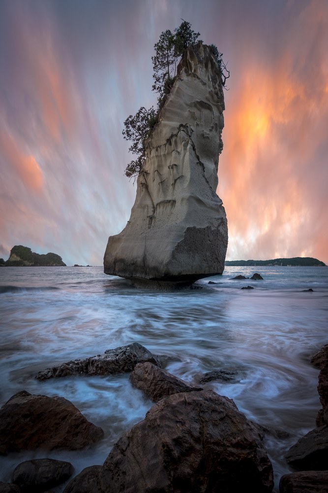 A pale sandstone monolith topped with wind-bent trees stands in shallow water, dark rocks in the foreground under streaked orange cloud.